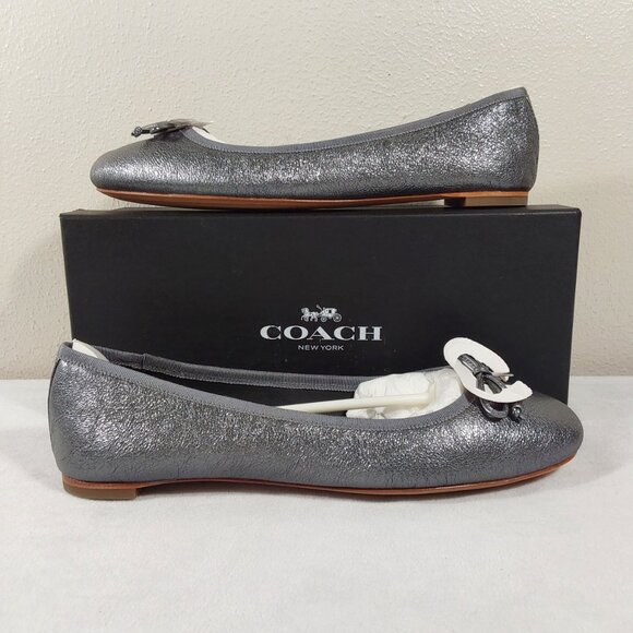 NIB Coach Flatiron Leather Ballet Flat in Metallic Gunmetal w Bow & Charm - 8 - Picture 2 of 13